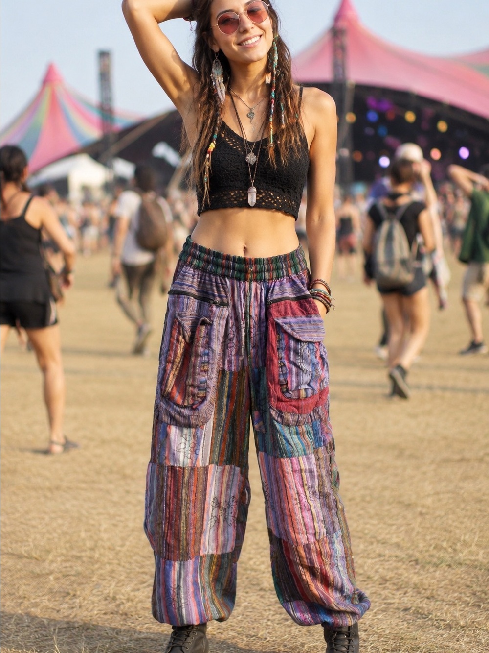 Boho Patchwork Harem Cargo Pants 100% Cotton Made in India Festival Hippie